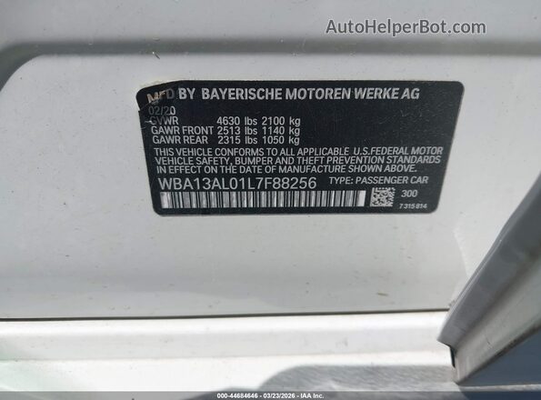 WBA13AL01L7F88256 2020 BMW OTHER White Вид підкапотного простору