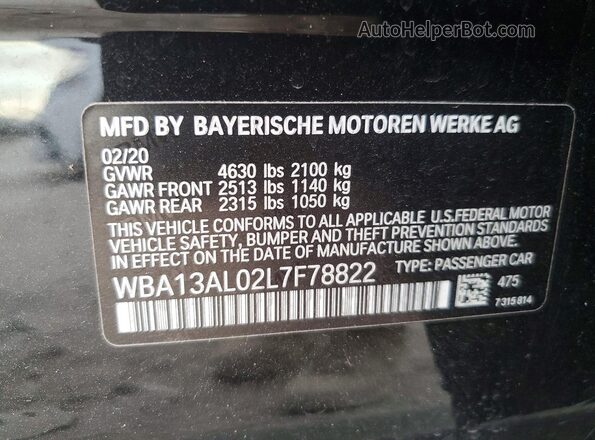 WBA13AL02L7F78822 2020 BMW M2 Черный Вид наклейки с VIN-кодом