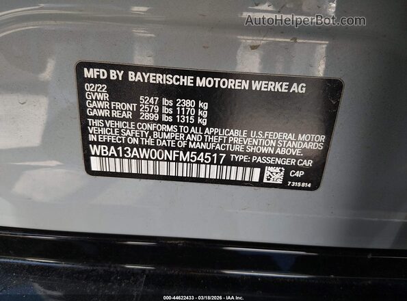 WBA13AW00NFM54517 2022 BMW OTHER Серый Вид подкапотного пространства