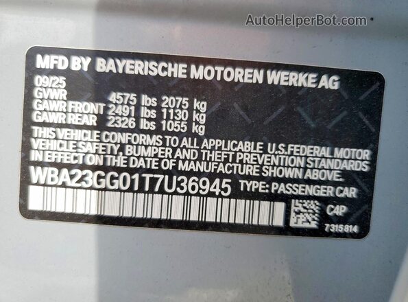 WBA23GG01T7U3694X 2026 BMW OTHER Gray Vista de la etiqueta del VIN