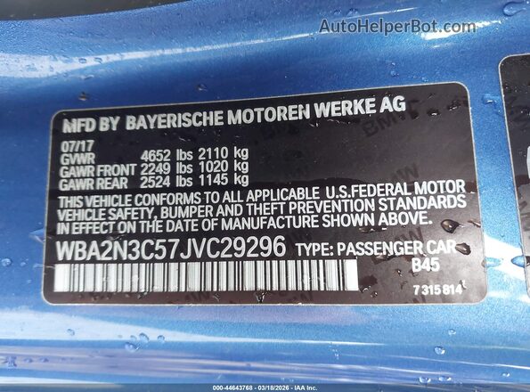 WBA2N3C57JVC29296 2018 BMW M2 Blue Շարժիչի բաժամունքի տեսք
