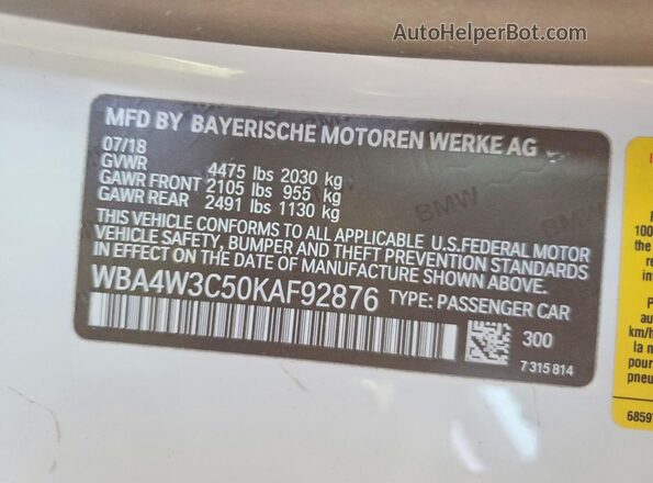 WBA4W3C50KAF92876 2019 BMW OTHER White Engine compartment view
