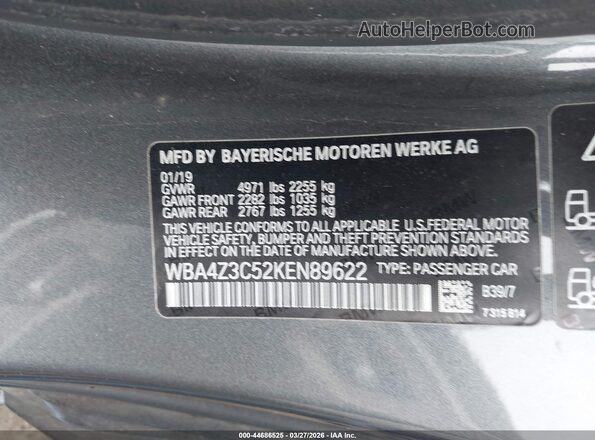 WBA4Z3C52KEN89622 2019 BMW OTHER Gray Widok komory silnika