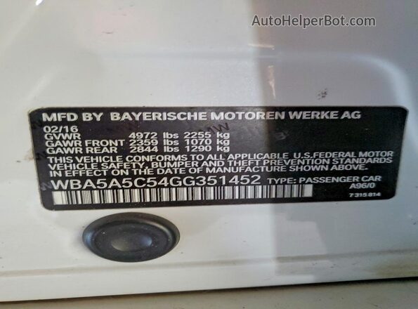 WBA5A5C54GG351452 2016 BMW OTHER Белый Вид наклейки с VIN-кодом