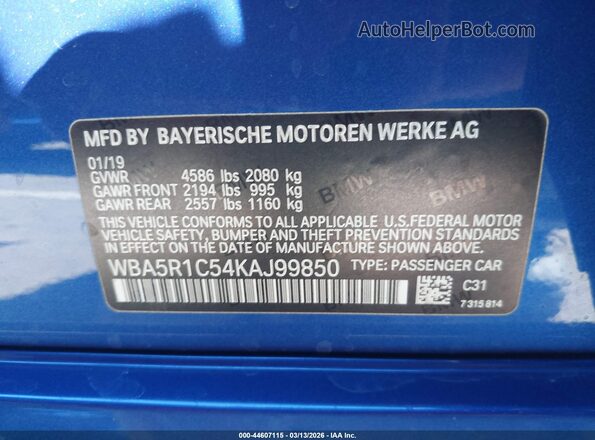 WBA5R1C54KAJ99850 2019 BMW OTHER Blue Widok komory silnika