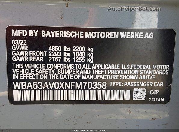 WBA63AV0XNFM70358 2022 BMW OTHER Gray Widok komory silnika