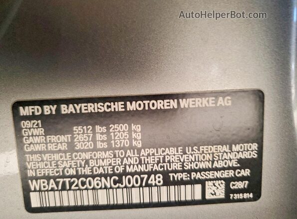 WBA7T2C06NCJ00748 2022 BMW OTHER Silver Widok komory silnika