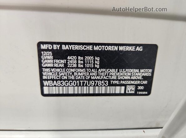 WBA83GG01T7U97853 2026 BMW OTHER White VIN sticker view