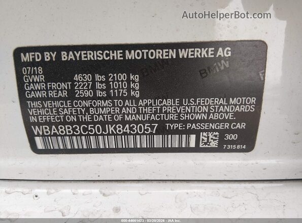WBA8B3C50JK843057 2018 BMW OTHER Белый Вид подкапотного пространства
