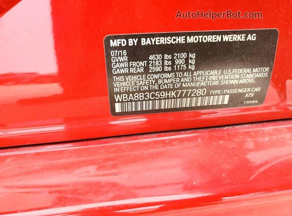 WBA8B3C59HK777280 2017 BMW OTHER Красный Вид подкапотного пространства