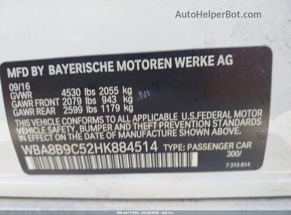 WBA8B9C52HK884514 2017 BMW OTHER White Вид підкапотного простору