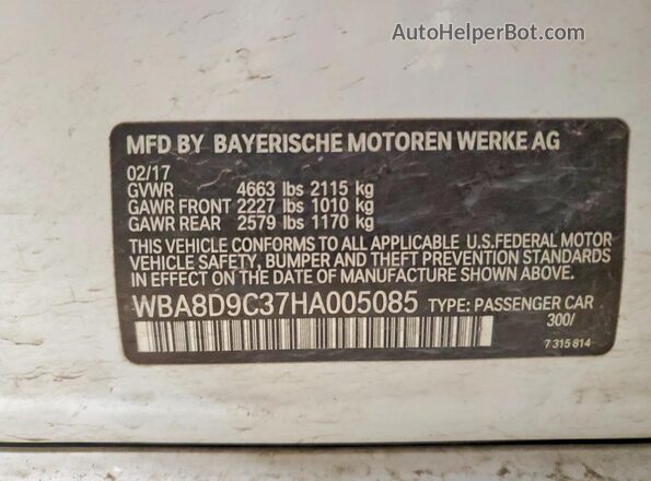 WBA8D9C37HA005085 2017 BMW OTHER White Vista de la etiqueta del VIN