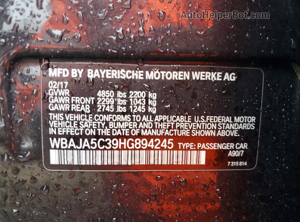 WBAJA5C39HG894245 2017 BMW OTHER Черный Вид наклейки с VIN-кодом