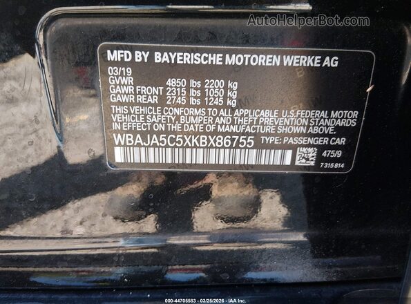 WBAJA5C5XKBX86755 2019 BMW 5 SERIES Черный Вид подкапотного пространства