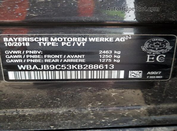 WBAJB9C53KB288613 2019 BMW M5 Серый Вид наклейки с VIN-кодом