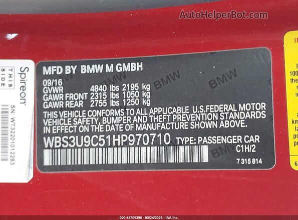 WBS3U9C51HP970710 2017 BMW M4 Red ძრავის განყოფილების ხედი