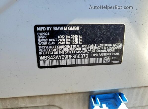 WBS43AY09RFS56370 2024 BMW M3 White Вид наклейки з VIN-кодом