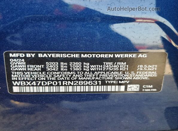 WBX47DP01RN289631 2024 BMW X3 Синий Вид наклейки с VIN-кодом