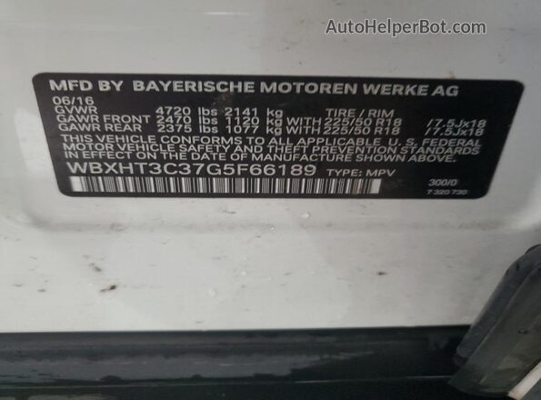 WBXHT3C37G5F66189 2016 BMW X1 White Вид наклейки з VIN-кодом