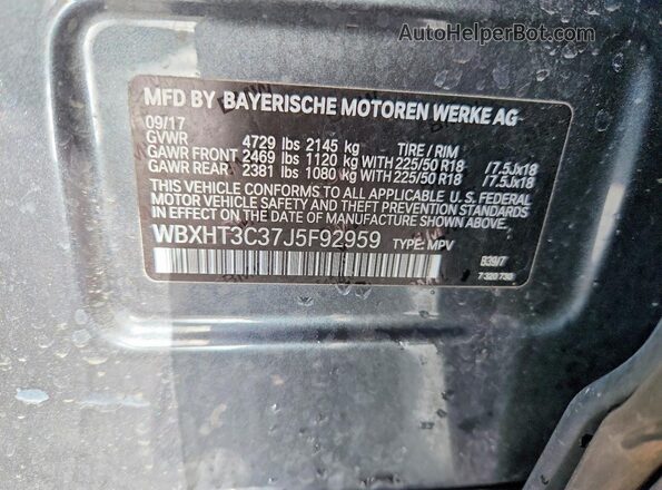 WBXHT3C37J5F92959 2018 BMW X1 Серый Вид наклейки с VIN-кодом