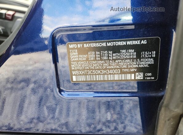WBXHT3C50K3H34003 2019 BMW X1 Синий Вид наклейки с VIN-кодом