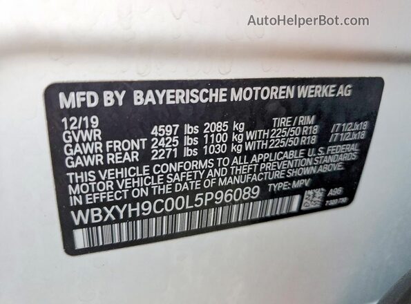 WBXYH9C00L5P96089 2020 BMW X2 Белый Вид наклейки с VIN-кодом