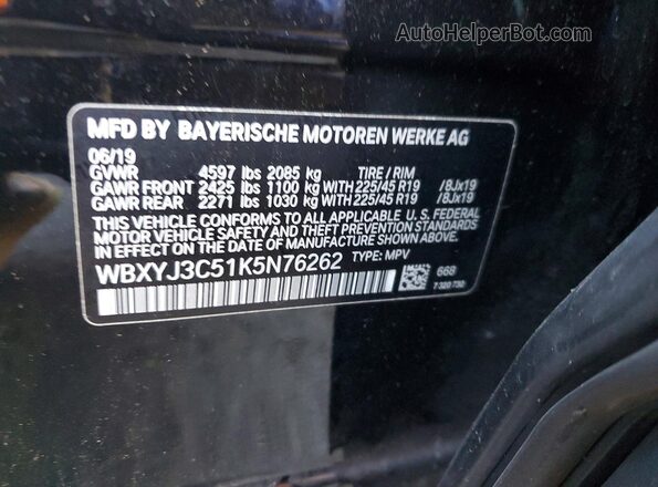 WBXYJ3C51K5N76262 2019 BMW X2 Black Widok naklejki z numerem VIN