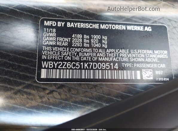 WBY2Z6C51K7D09514 2019 BMW I8 White Вид підкапотного простору