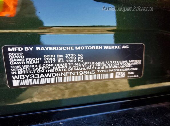 WBY33AW06NFN19865 2022 BMW I4 Зеленый Вид наклейки с VIN-кодом