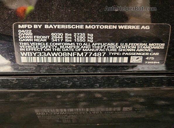 WBY33AW08NFM77487 2022 BMW I4 Black Вид наклейки з VIN-кодом