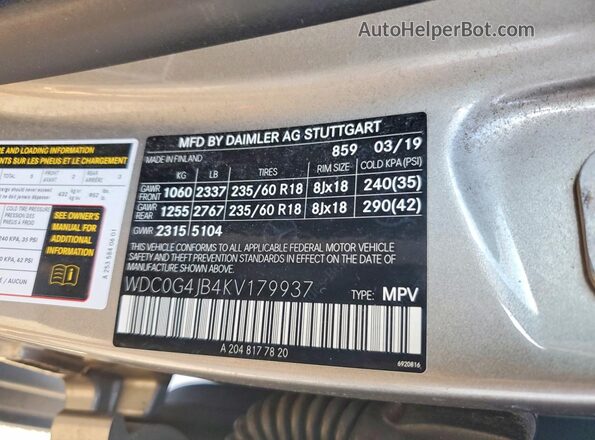 WDC0G4JB4KV179937 2019 MERCEDES-BENZ GLC-CLASS Серый Вид наклейки с VIN-кодом