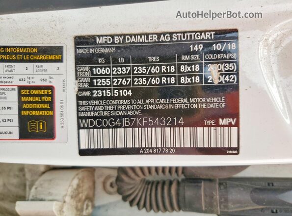 WDC0G4JB7KF543214 2019 MERCEDES-BENZ GLC-CLASS White VIN sticker view
