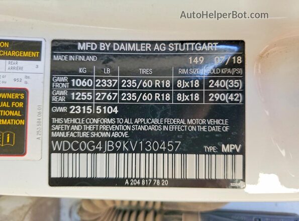 WDC0G4JB9KV130457 2019 MERCEDES-BENZ GLC-CLASS Белый Вид наклейки с VIN-кодом
