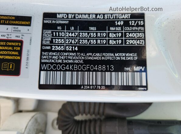 WDC0G4KB0GF048813 2016 MERCEDES-BENZ GLC-CLASS Белый Вид наклейки с VIN-кодом