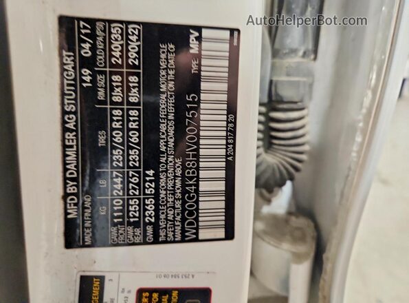 WDC0G4KB8HV007515 2017 MERCEDES-BENZ GLC-CLASS White VIN კოდის სტიკერის ხედი