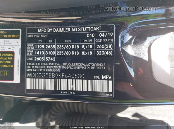 WDC0G5EB9KF640530 2019 MERCEDES-BENZ GLC 350E Black VIN sticker view