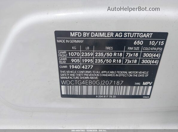 WDCTG4EB0GJ207187 2016 MERCEDES-BENZ GLA 250 White Вид підкапотного простору
