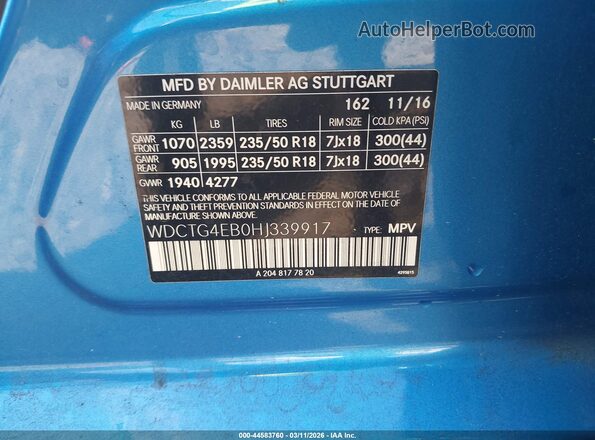 WDCTG4EB0HJ339917 2017 MERCEDES-BENZ GLA 250 Blue ძრავის განყოფილების ხედი