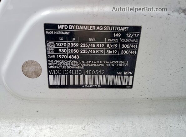 WDCTG4EB0JJ480542 2018 MERCEDES-BENZ GLA White Vista de la etiqueta del VIN