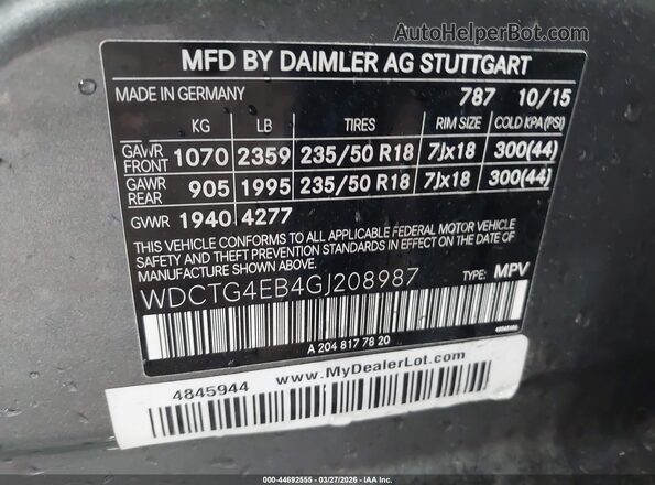 WDCTG4EB4GJ208987 2016 MERCEDES-BENZ GLA 250 Gray Вид підкапотного простору