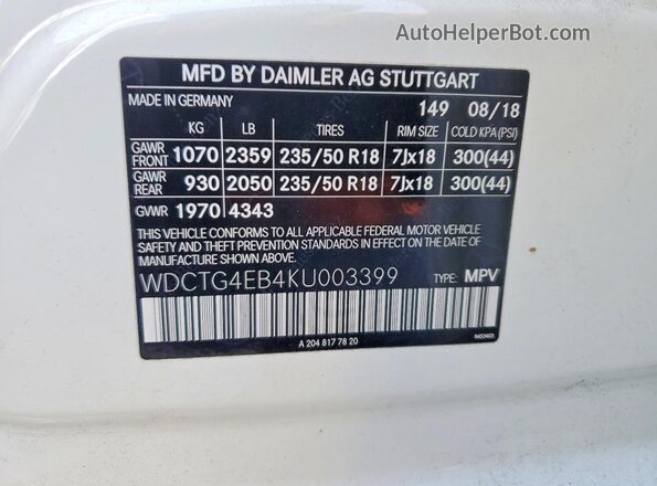 WDCTG4EB4KU003399 2019 MERCEDES-BENZ GLA Белый Вид подкапотного пространства