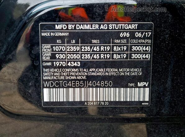 WDCTG4EB5JJ404850 2018 MERCEDES-BENZ GLA Black Widok naklejki z numerem VIN