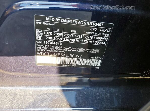 WDCTG4EB5KJ550098 2019 MERCEDES-BENZ GLA Синий Вид подкапотного пространства