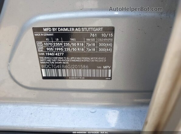 WDCTG4EB6GJ201586 2016 MERCEDES-BENZ GLA 250 Silver Вид підкапотного простору