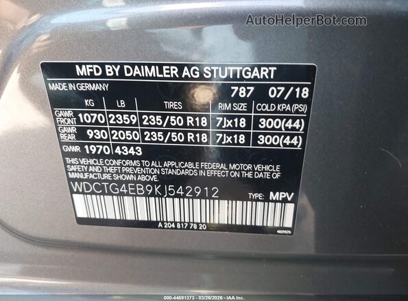 WDCTG4EB9KJ542912 2019 MERCEDES-BENZ GLA 250 Gray Vista del compartimento del motor