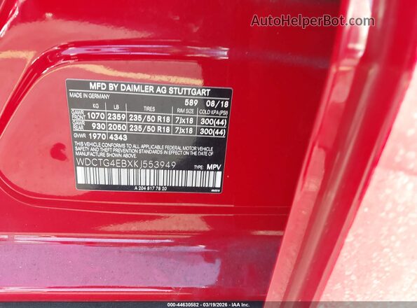 WDCTG4EBXKJ553949 2019 MERCEDES-BENZ GLA 250 Red Вид підкапотного простору