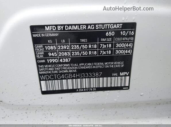 WDCTG4GB4HJ333387 2017 MERCEDES-BENZ GLA 250 Белый Вид подкапотного пространства