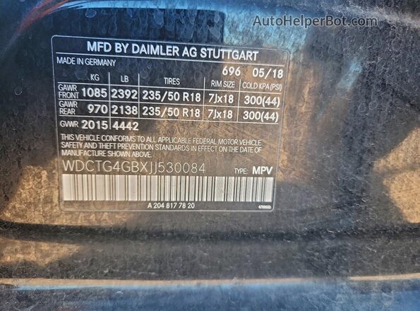WDCTG4GBXJJ530084 2018 MERCEDES-BENZ GLA Черный Вид наклейки с VIN-кодом