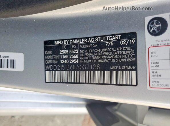 WDD2J5JB6KA037138 2019 MERCEDES-BENZ CLS-CLASS Серебряный Вид наклейки с VIN-кодом