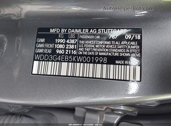WDD3G4EB5KW001998 2019 MERCEDES-BENZ A 220 Серый Вид подкапотного пространства